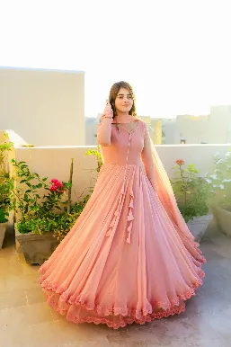 Solid Peach Long Flair Double Layered Anarkali With Dupatta - Image 2