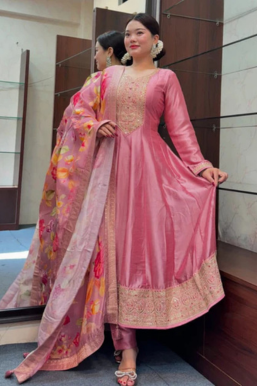 Royale Anarkali Silk With Flared Kurti, Pant & Banarasi Dupatta Set