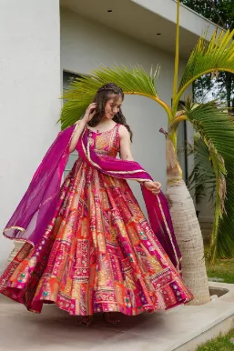 Vanya Pink Multicolor Jimmy Organza Silk Gown Set